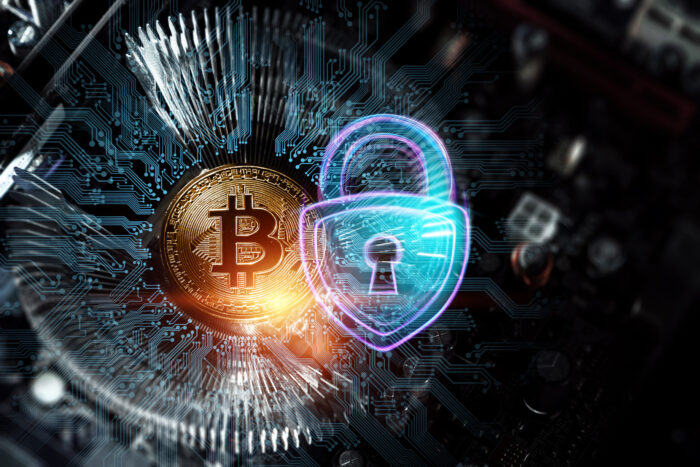 Bitcoin und Blockchain-Konzept, Vorhängeschloss, Hologramm, Kryptowährung, elektronisches Geld, Daten